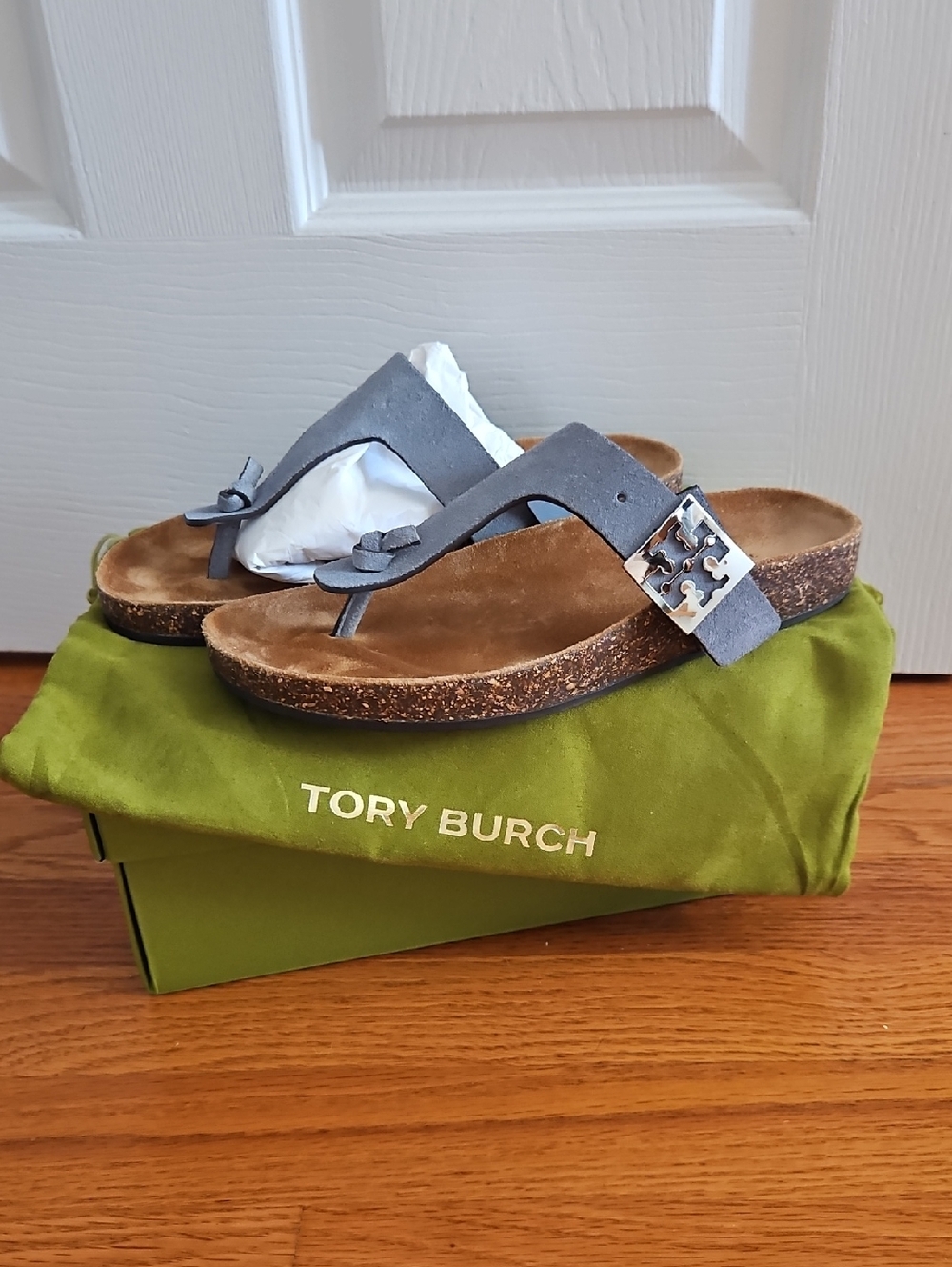 Tory Burch Light Blue Suede Cork Thong Sandals with Logo Accent